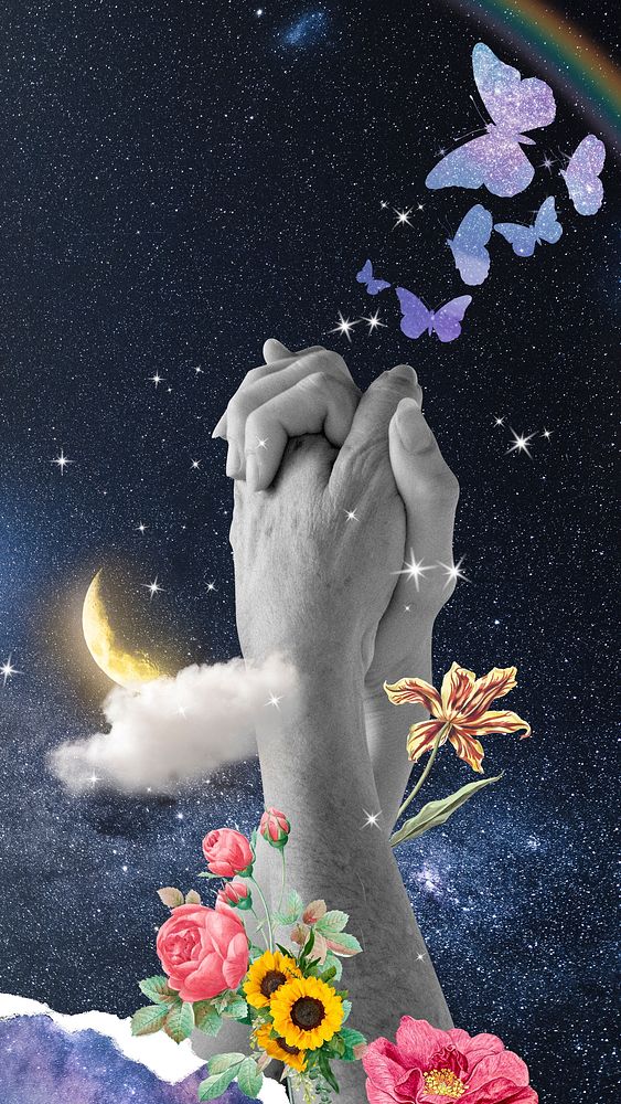 Clasped hands phone wallpaper, galaxy sky collage background