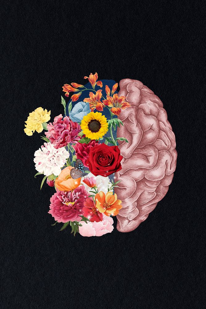 Floral brain background, mental health mixed media illustration