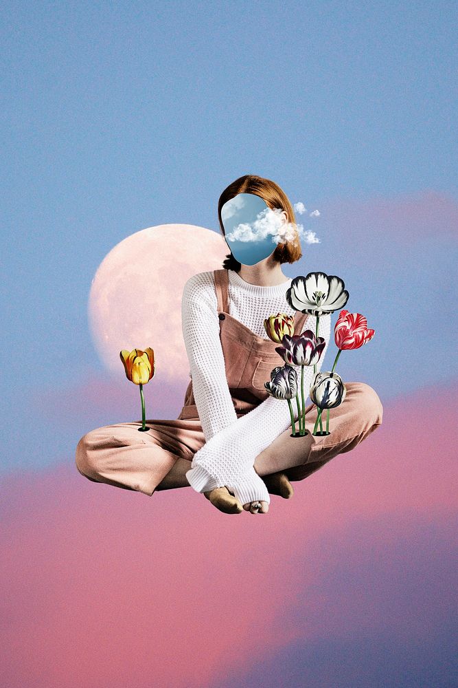 Aesthetic pastel sky, faceless woman collage mixed media illustration