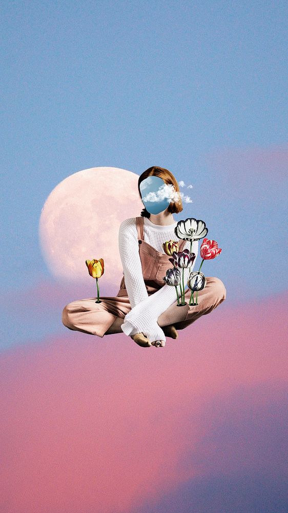 Surreal sky phone wallpaper, woman collage background