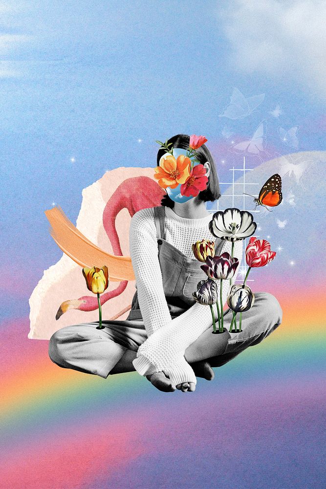 Rainbow sky background, woman flower face mixed media illustration