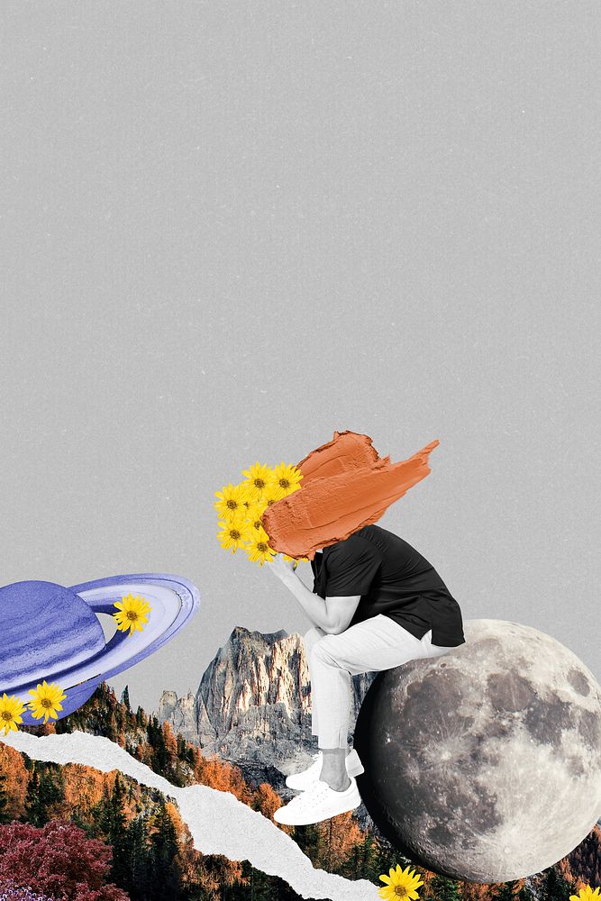 Surreal aesthetic background, lonely man on moon mixed media illustration