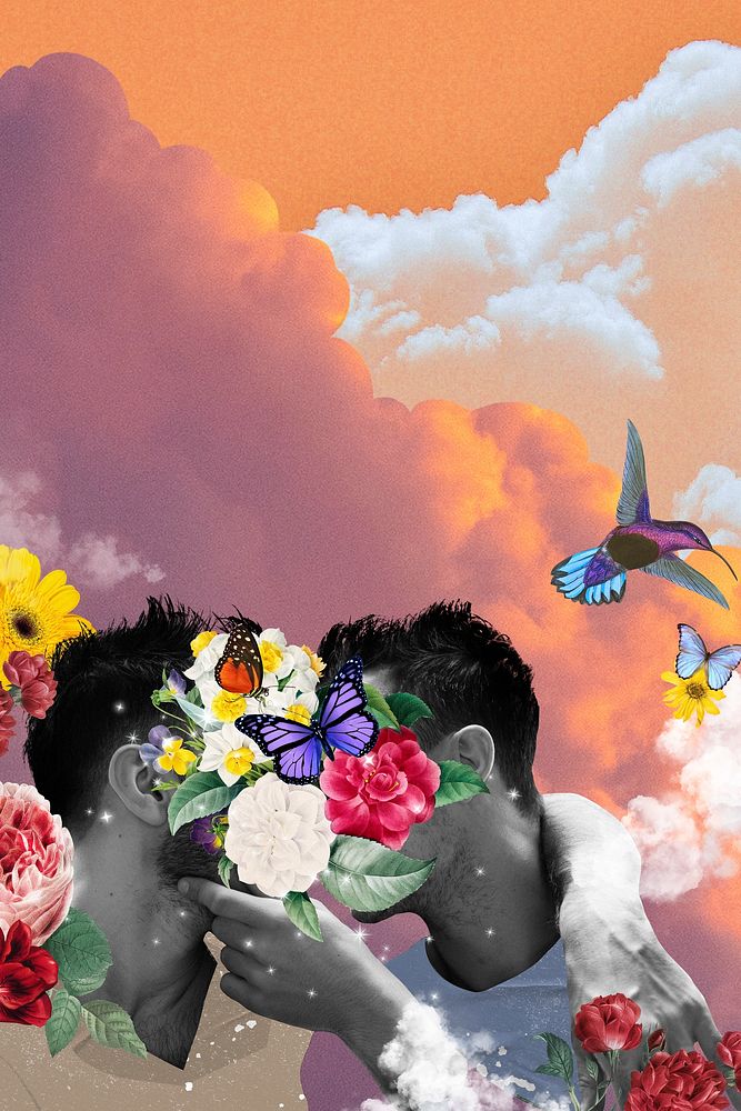 Gay couple kissing background, cloudy sky mixed media illustration