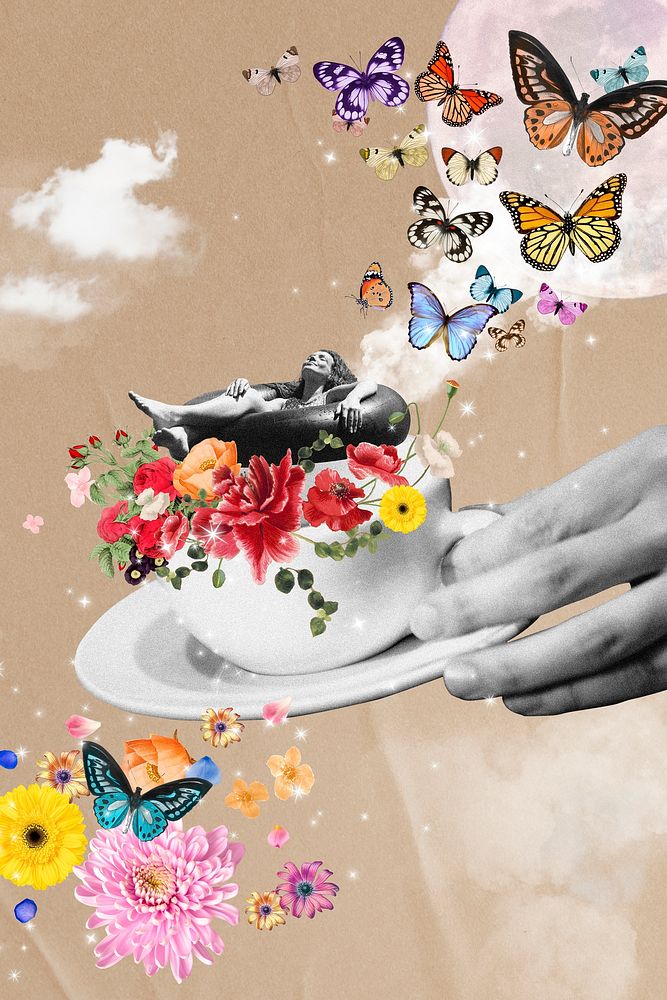 Coffee cup collage background, surreal escapism mixed media illustration
