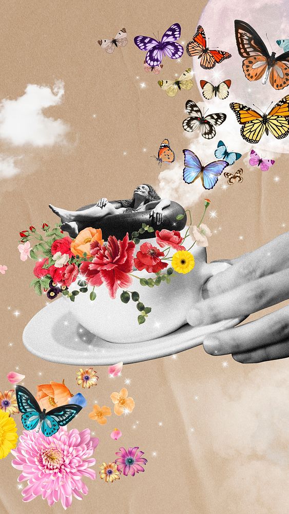 Coffee cup collage mobile wallpaper, surreal escapism background