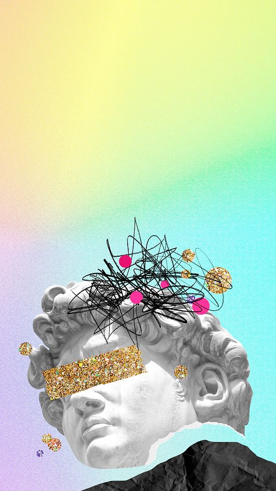 Blindfolded sculpture head mobile wallpaper, rainbow background
