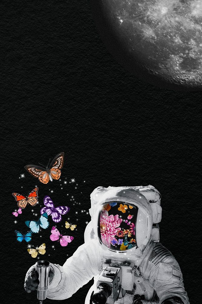 Astronaut background, butterfly mixed media illustration