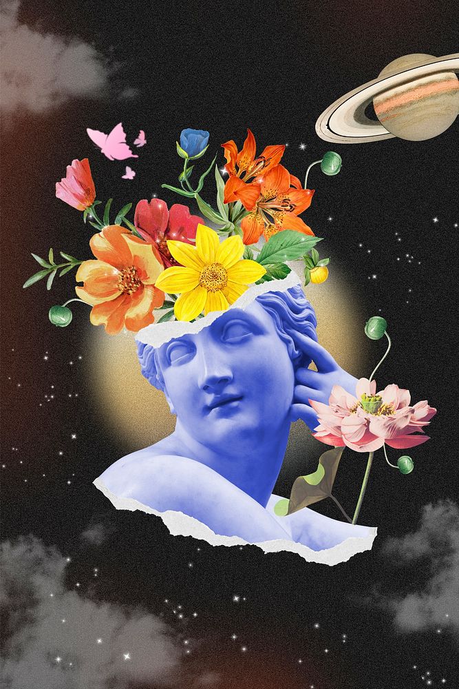Flora statue head background, outer space mixed media illustration
