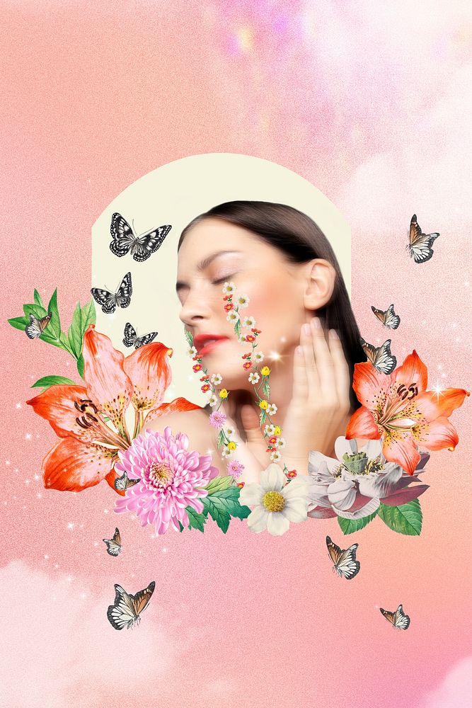 Skincare background,  self love woman mixed media illustration