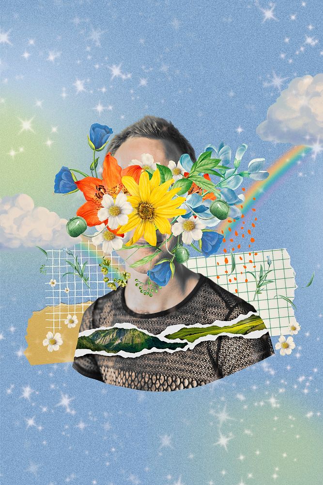Flower face man background, sky mixed media illustration
