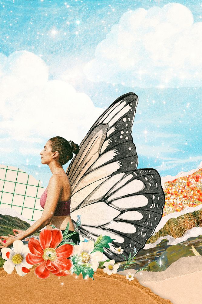 Yoga woman background, butterfly wing mixed media design