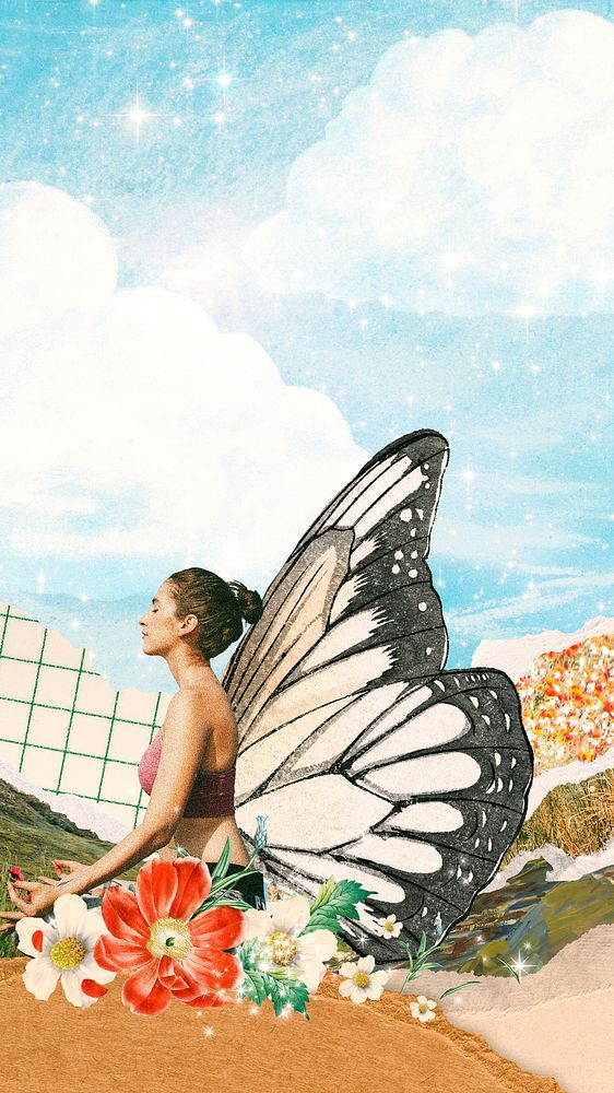 Butterfly wing woman phone wallpaper, mixed media design