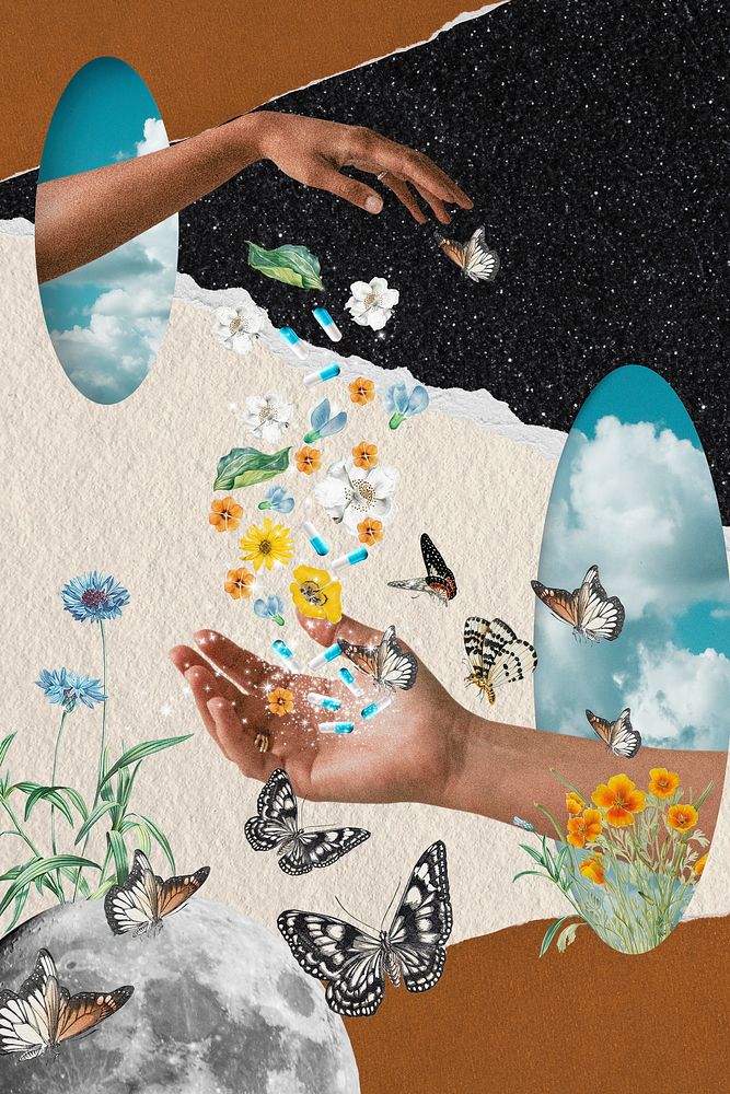 Mental health background, helping hand through sky mirror mixed media illustration