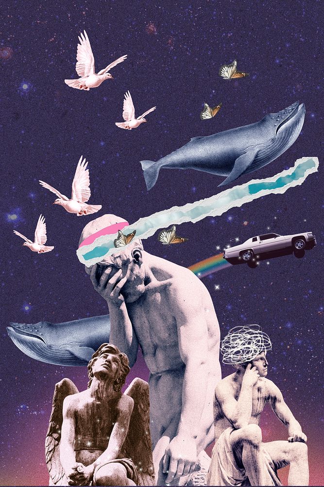 Outer space collage background, mental health mixed media illustration