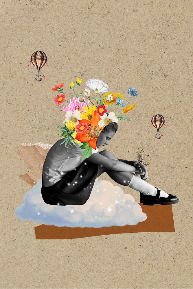 Mental health background, surreal art mixed media illustration