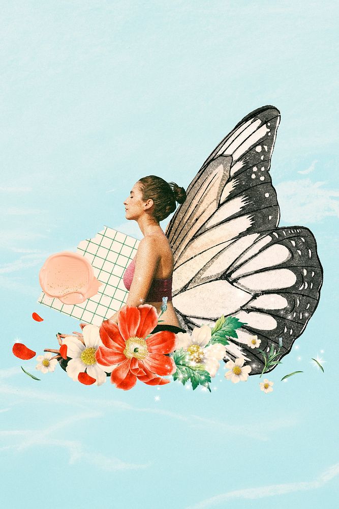 Yoga woman illustration, butterfly wing background 