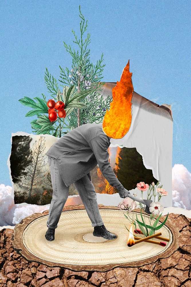 Businessman burning down nature, environment mixed media collage