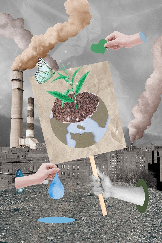 Factory air pollution mixed media collage, environment in crisis
