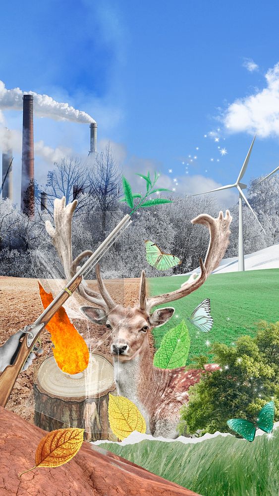 Deer in nature mobile wallpaper, mixed media collage