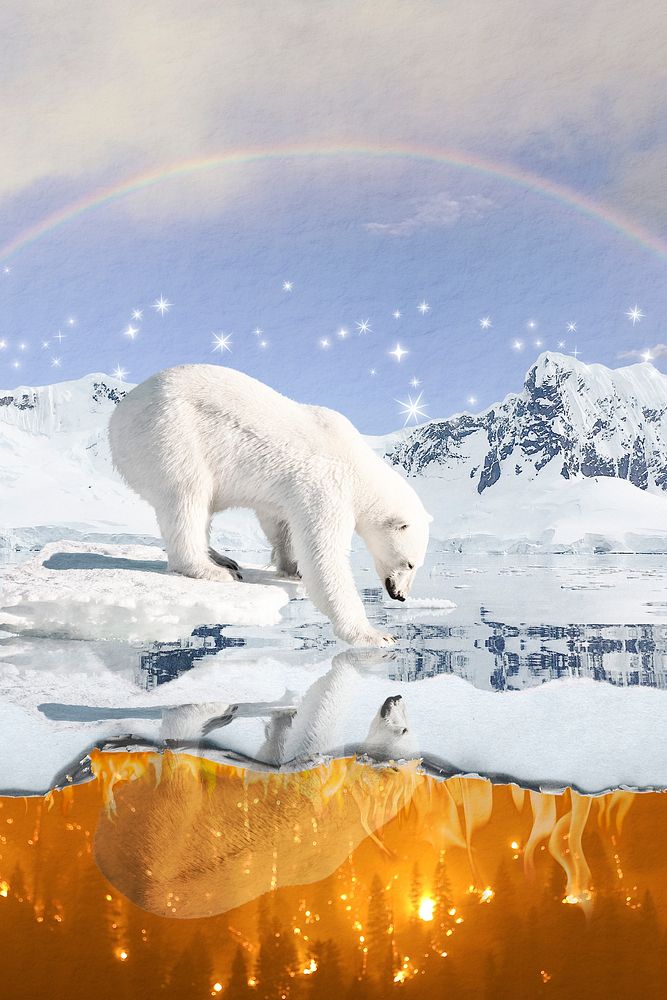 Polar bear on melting glacier background, surreal environment design 
