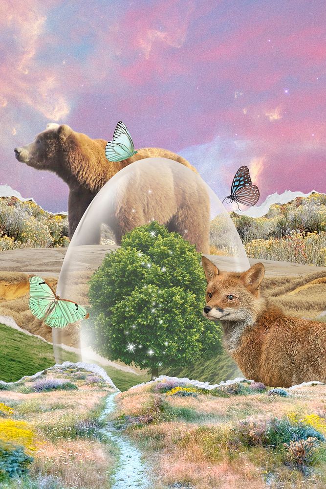 Surreal nature collage, protected animals & environment 