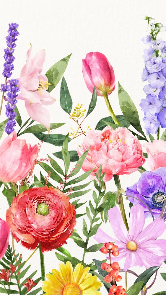 Watercolor flower mobile wallpaper, spring collage element vector