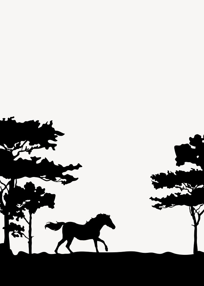 Silhouette nature background, horse running in forest illustration