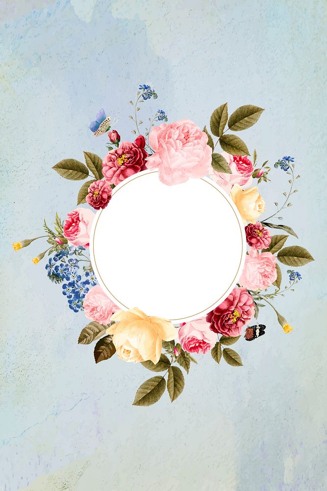Floral round frame on a blue concrete wall vector