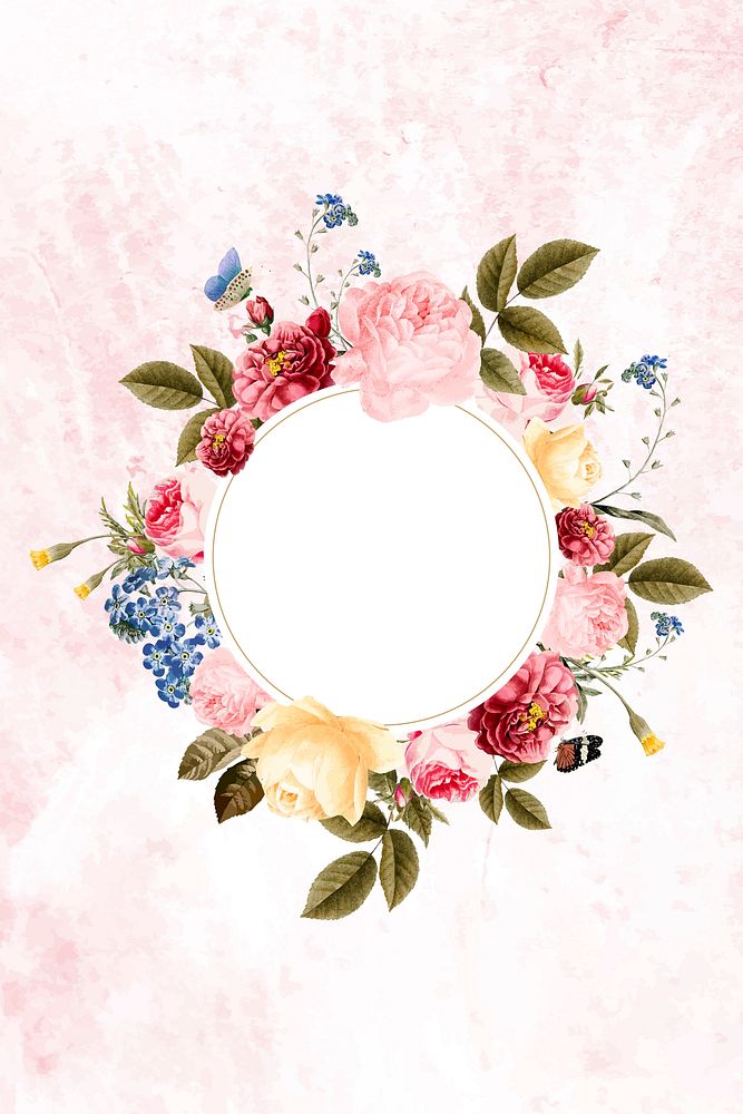 Floral round frame on a pink concrete wall vector