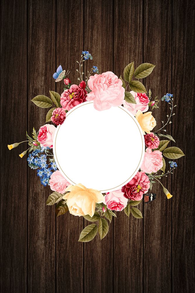Floral round frame on a wooden background illustration