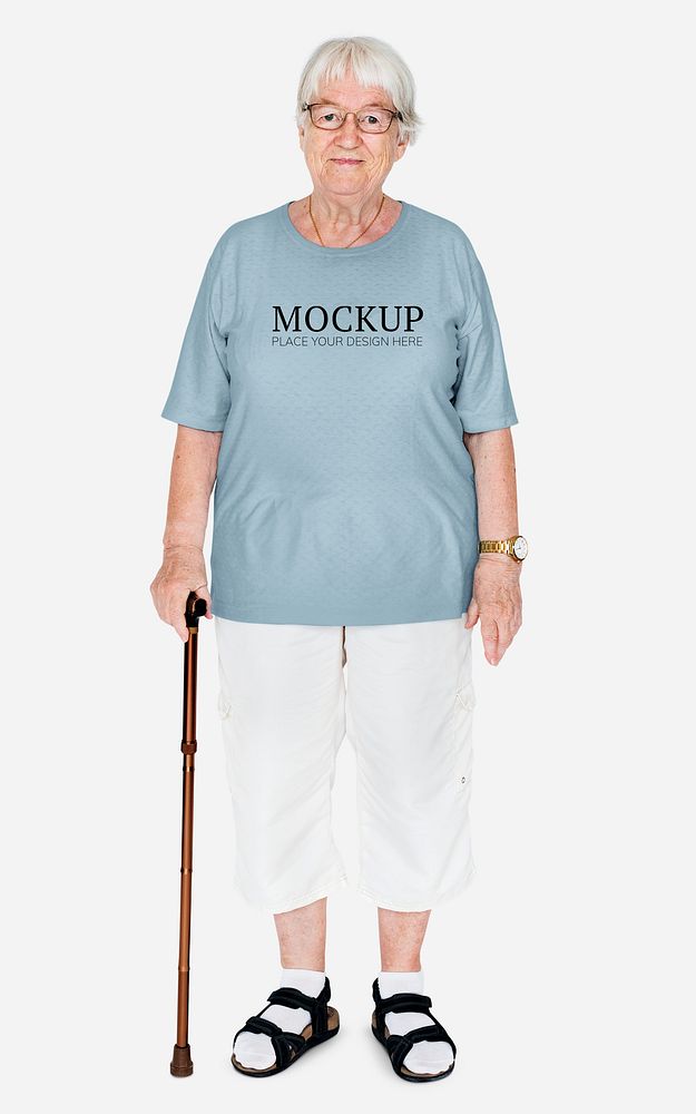 Happy elderly woman with a cane wearing a t-shirt mockup