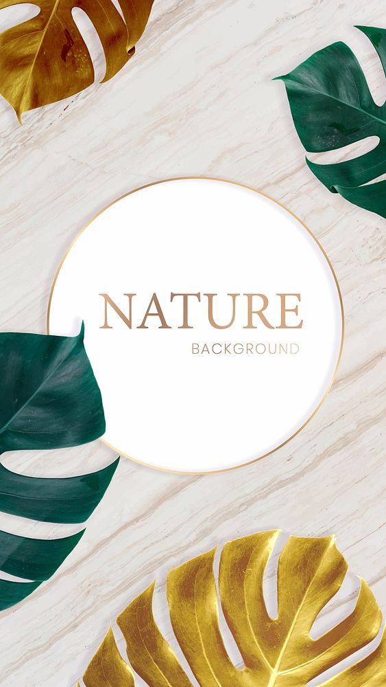 Round golden nature frame on a marble background vector