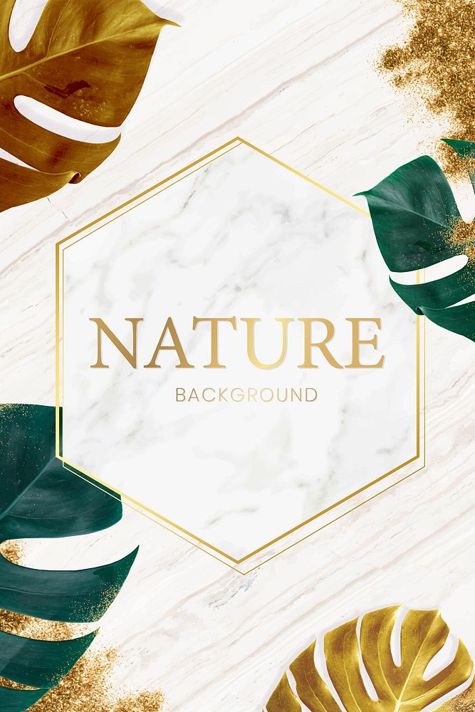 Hexagon golden nature frame on a marble background vector