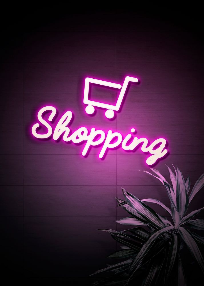 Neon purple shopping cart on a wall