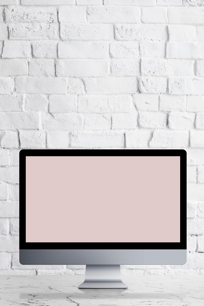 Desktop computer with screen mockup on a white marble table illustration