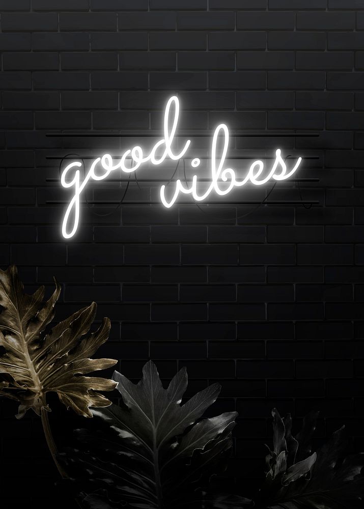 Good vibes neon word on a black brick wall vector