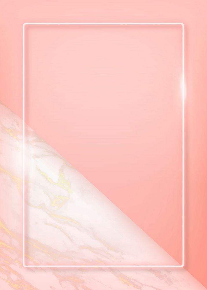 Rectangle pink neon frame on a pastel orange  marble  background vector