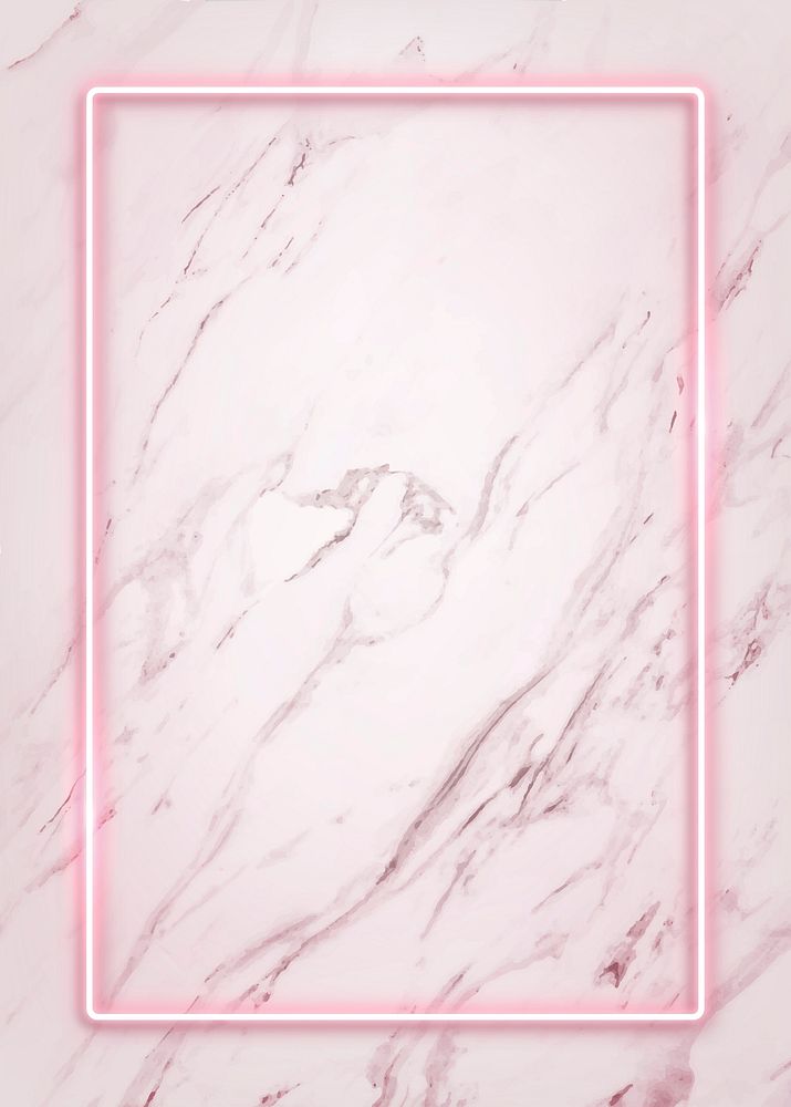 Rectangle pink neon frame on a white marble  background vector