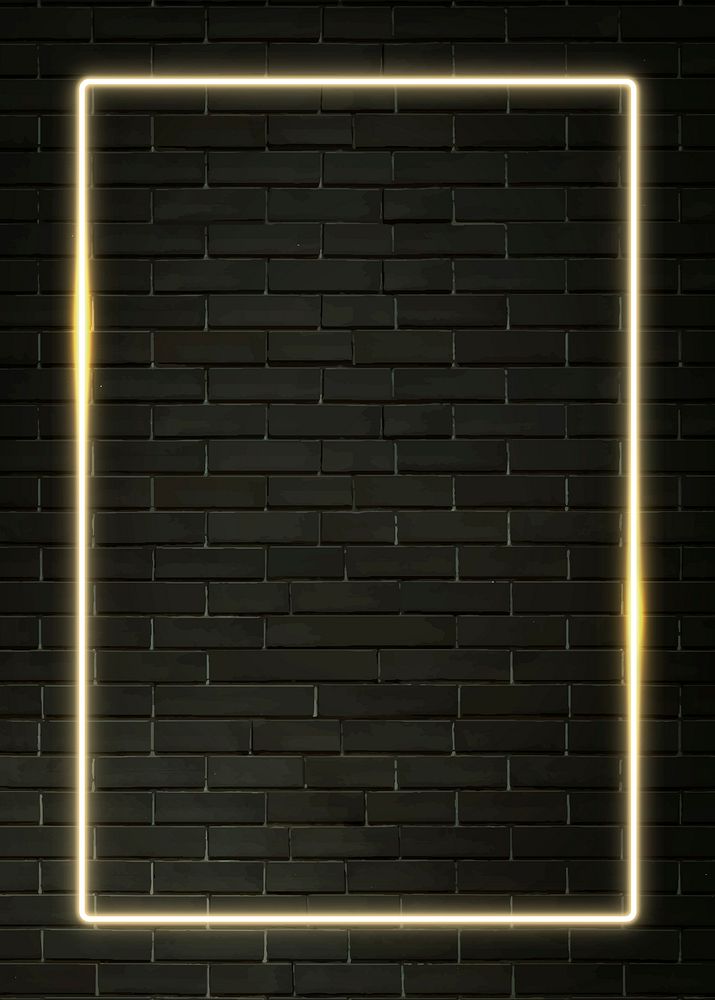 Rectangle yellow neon frame on a black brick wall vector