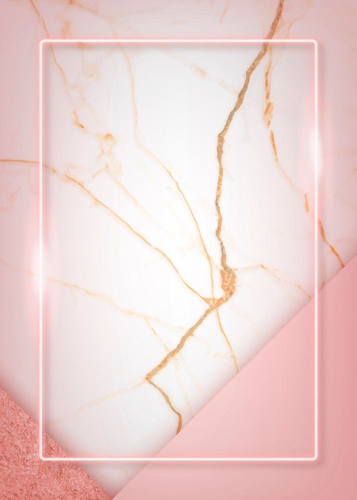 Rectangle pink neon frame on a white marble  background vector