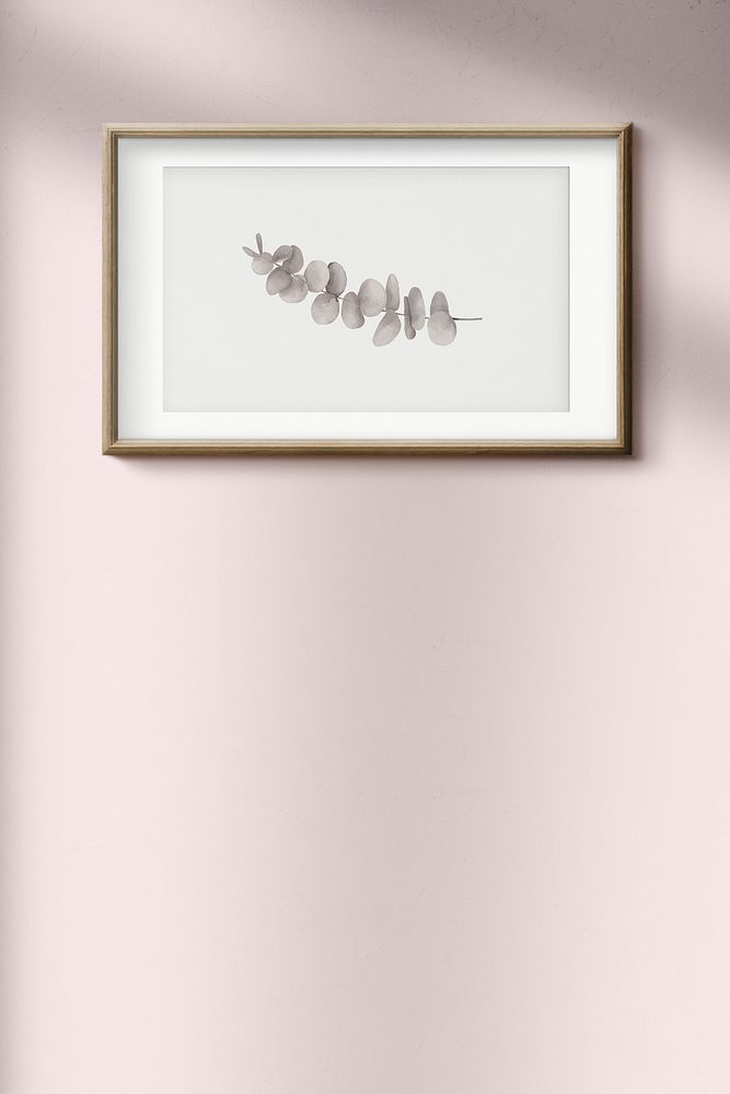 Wooden picture frame hanging on a pink wall illustration