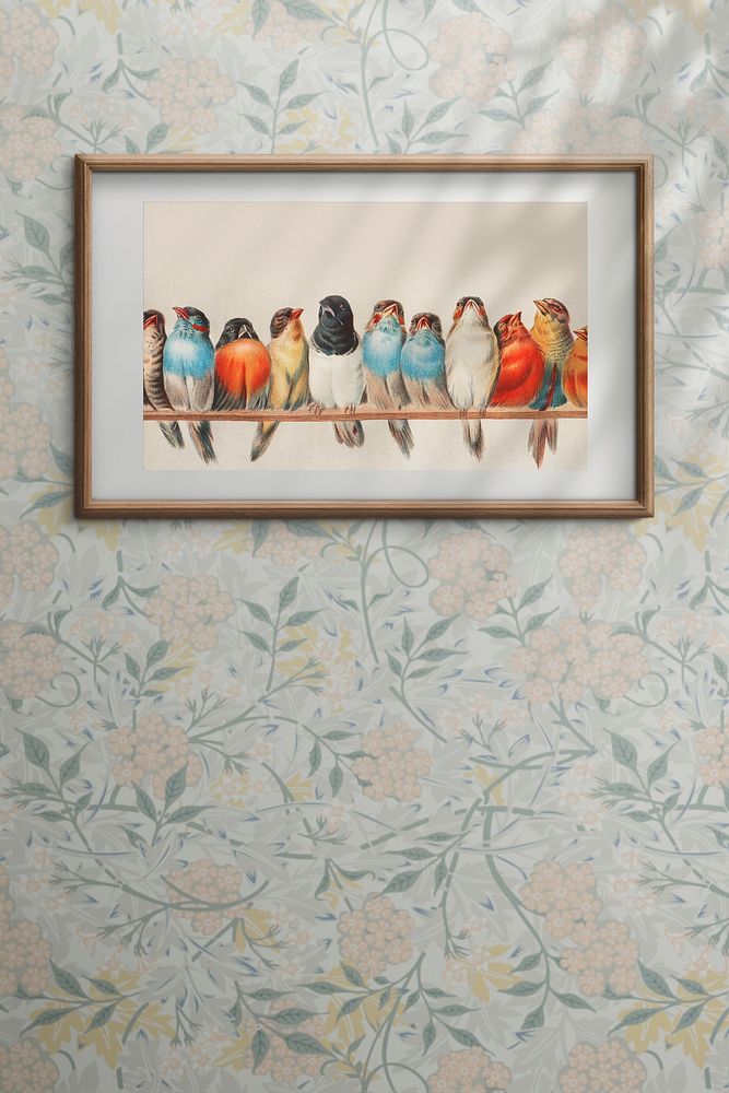 Wooden picture frame hanging on a patterned wall illustration