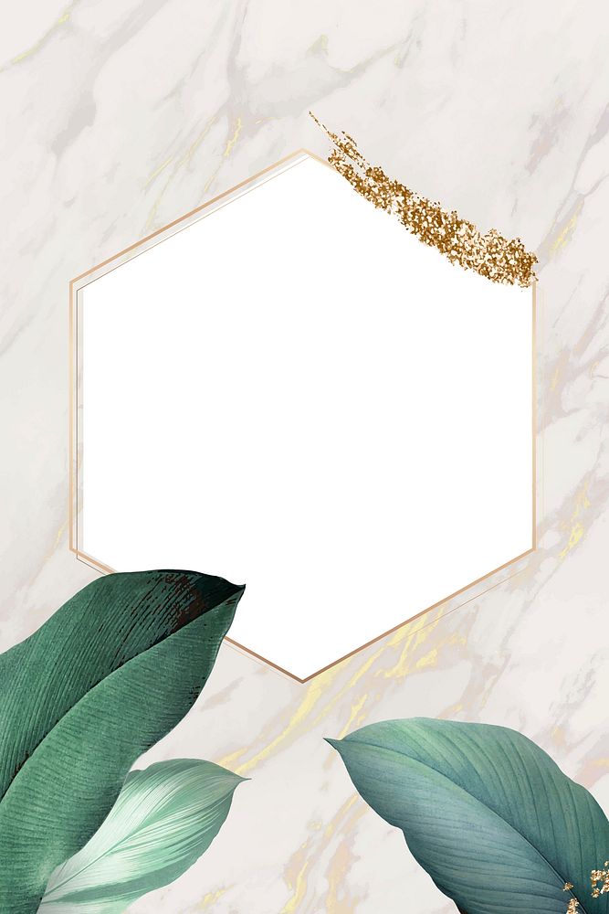 Hexagon foliage frame on white marble background vector