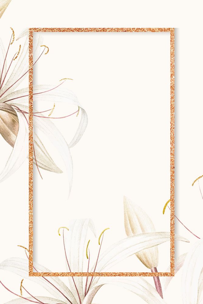 Copper glitter frame on white spider lily pattern background vector