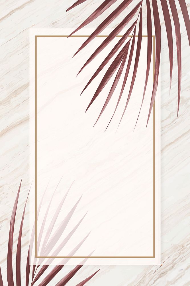 Rectangle gold frame on reddish brown palm leaf pattern white marble background vector