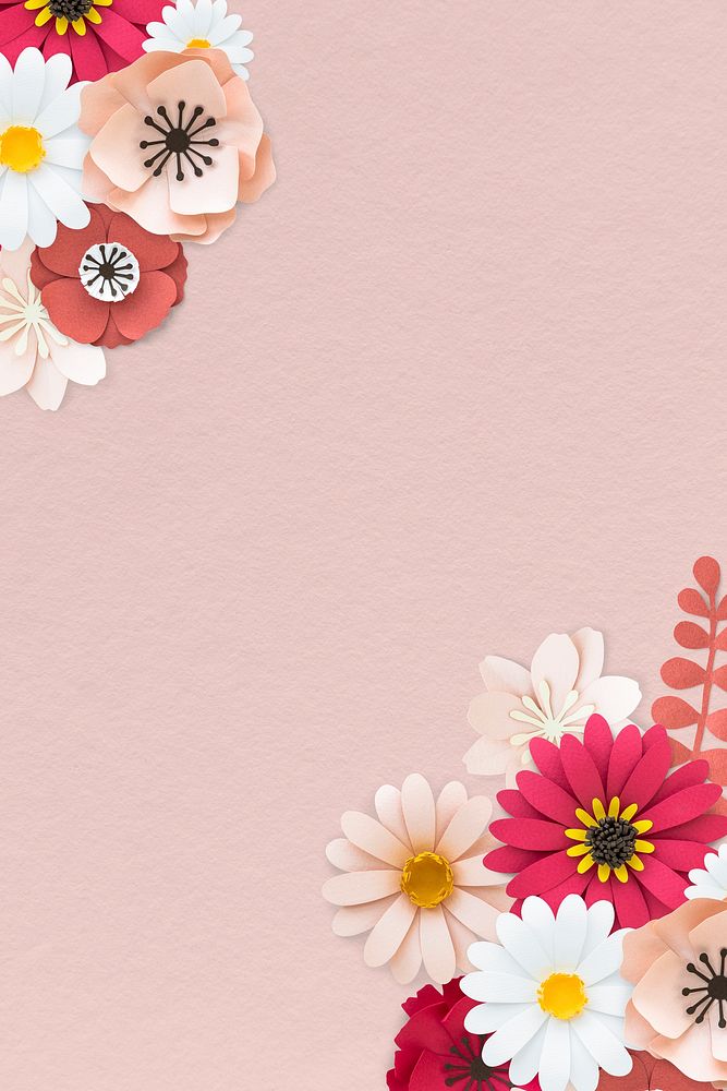 Pink paper craft flower on pink background template illustration