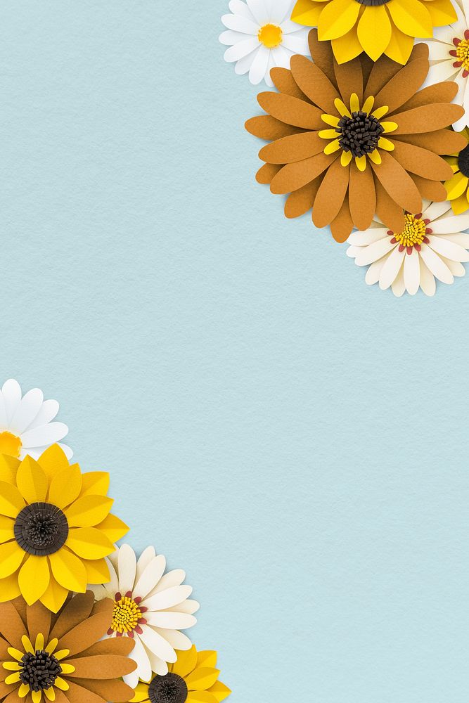 White and yellow paper craft daisy on blue background template illustration