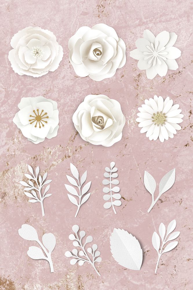 White paper craft flower element illustration set