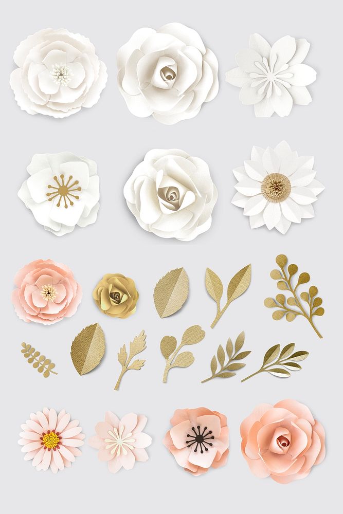 White and pink paper craft flower element illustration set