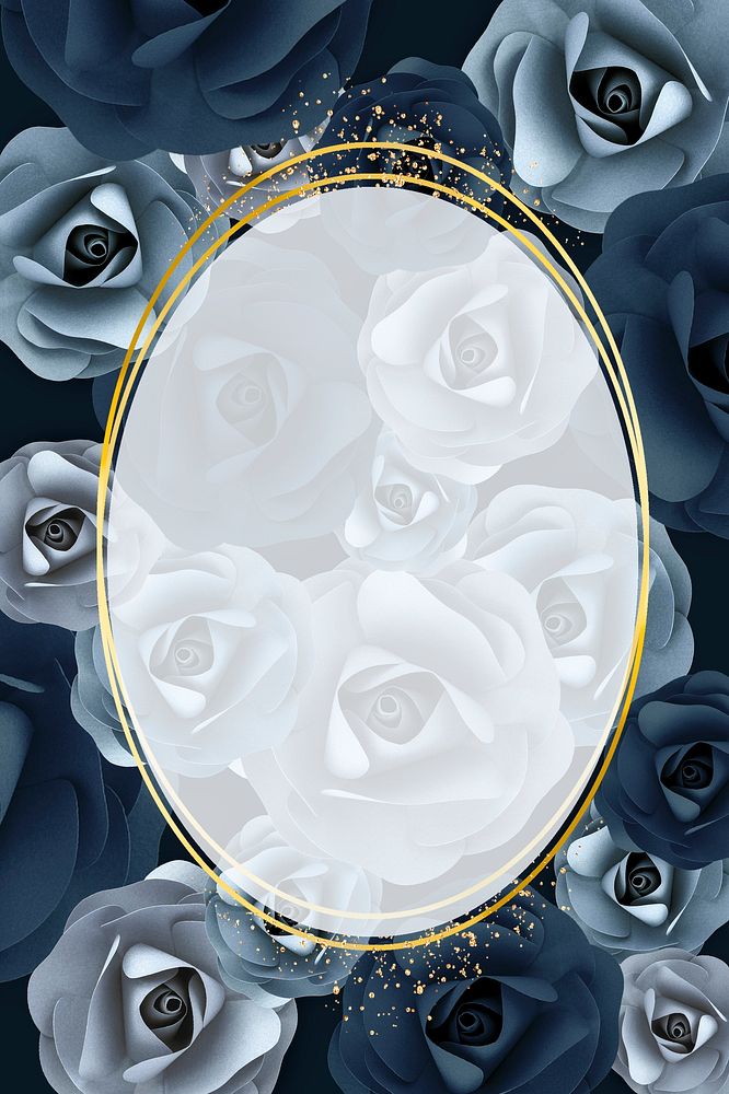 Gold oval frame on blue rose patterned background template illustration